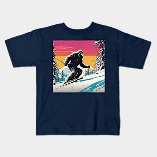 Funny Bigfoot Skiing Dad Across Mountains Winter Sports Kids T-Shirt